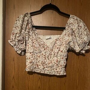 Altar'd State Floral Puff Sleeve Blouse - Cream and Brown